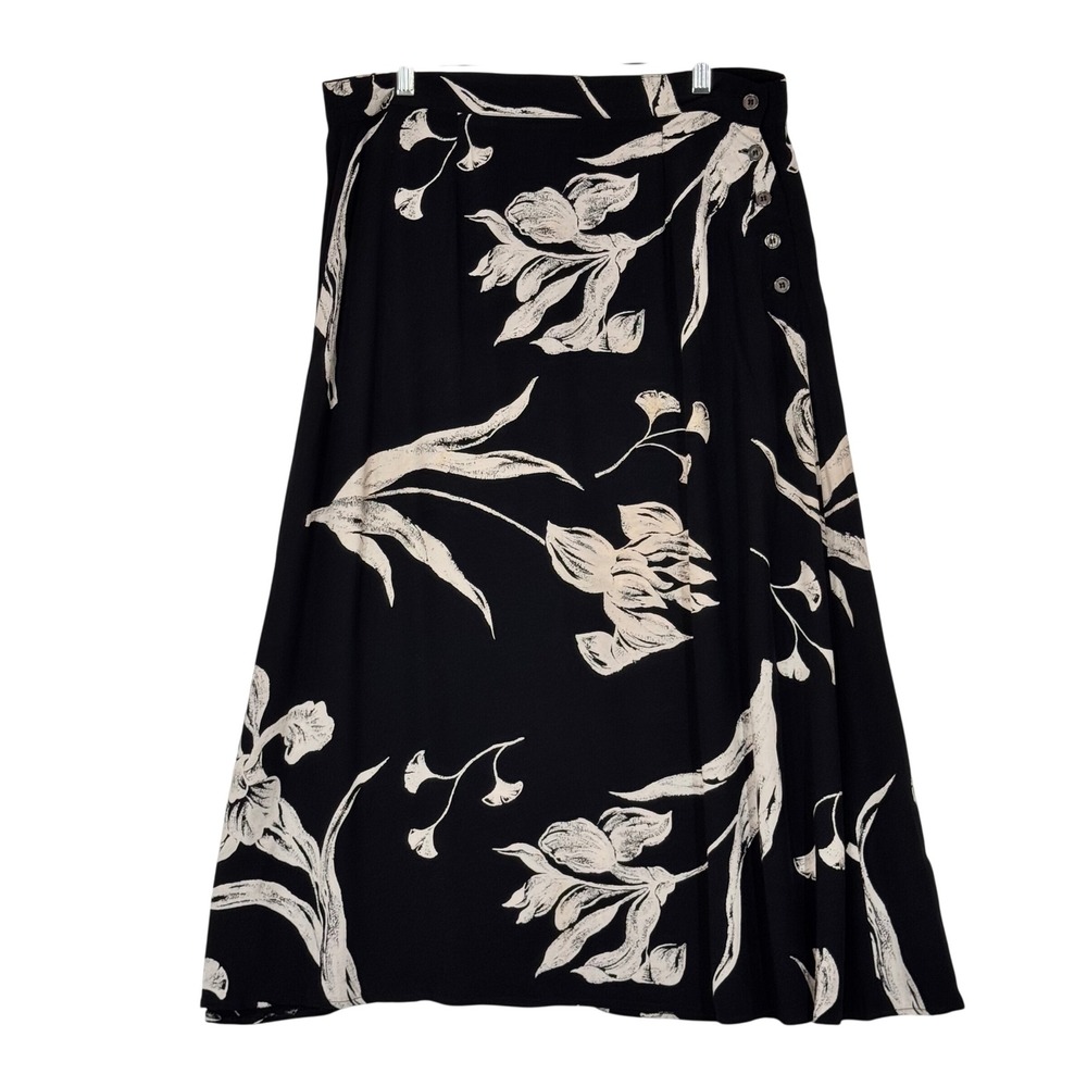 Norton McNaughton Skirt Womens 14 Black Floral Rayon Midi Side Button Vintage 90